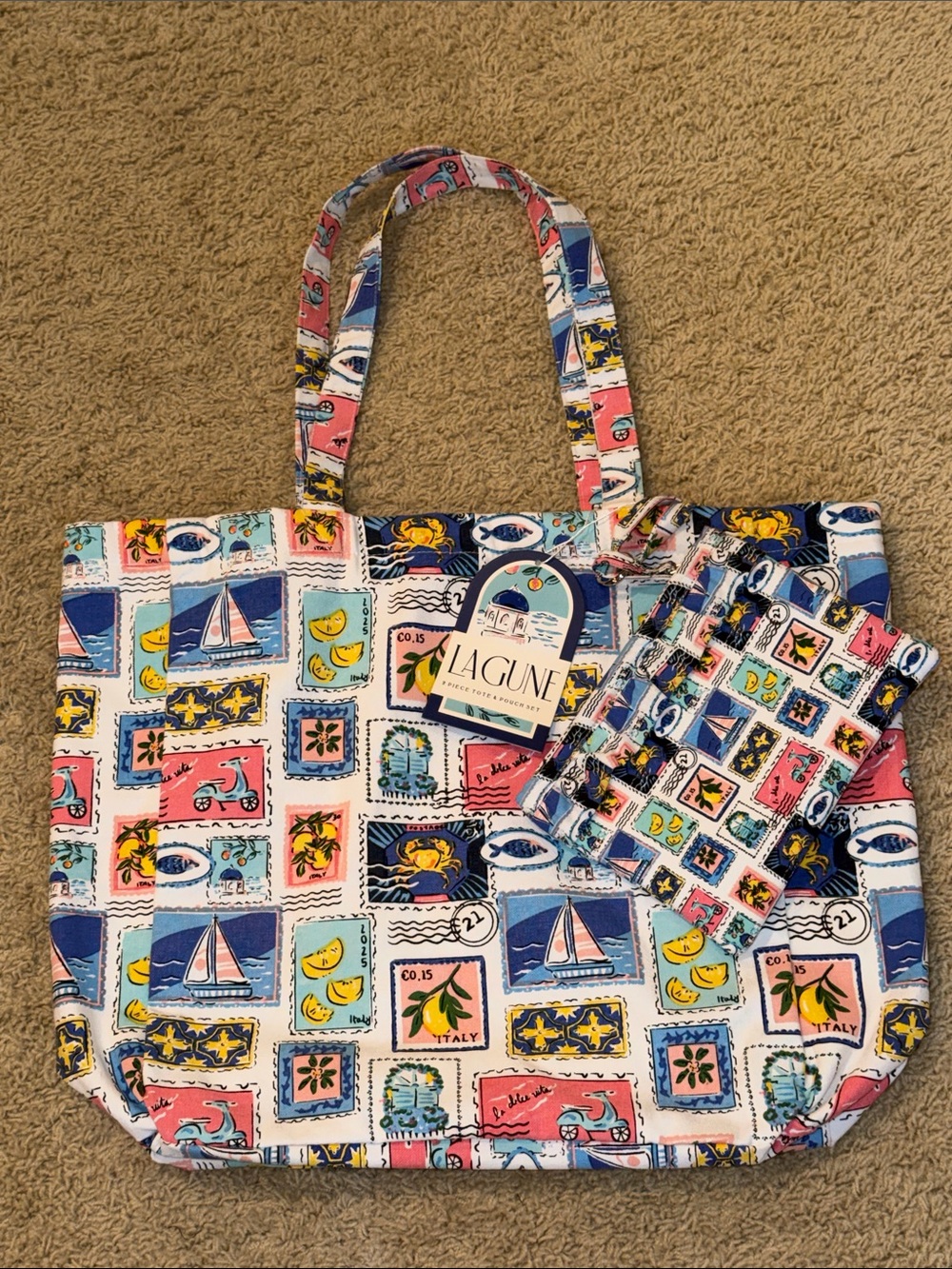 Multicolor Stamp-Print Canvas Tote with Matching Pouch